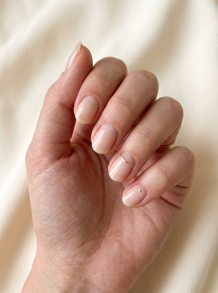 Milky Nude mit Gold Micro Detail als September Nägel kurz Inspiration 2026